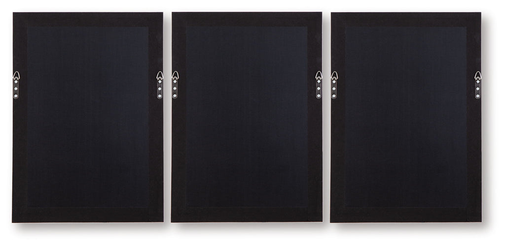 Set of 3 wall art frames with dark backing and hanging loops on the side