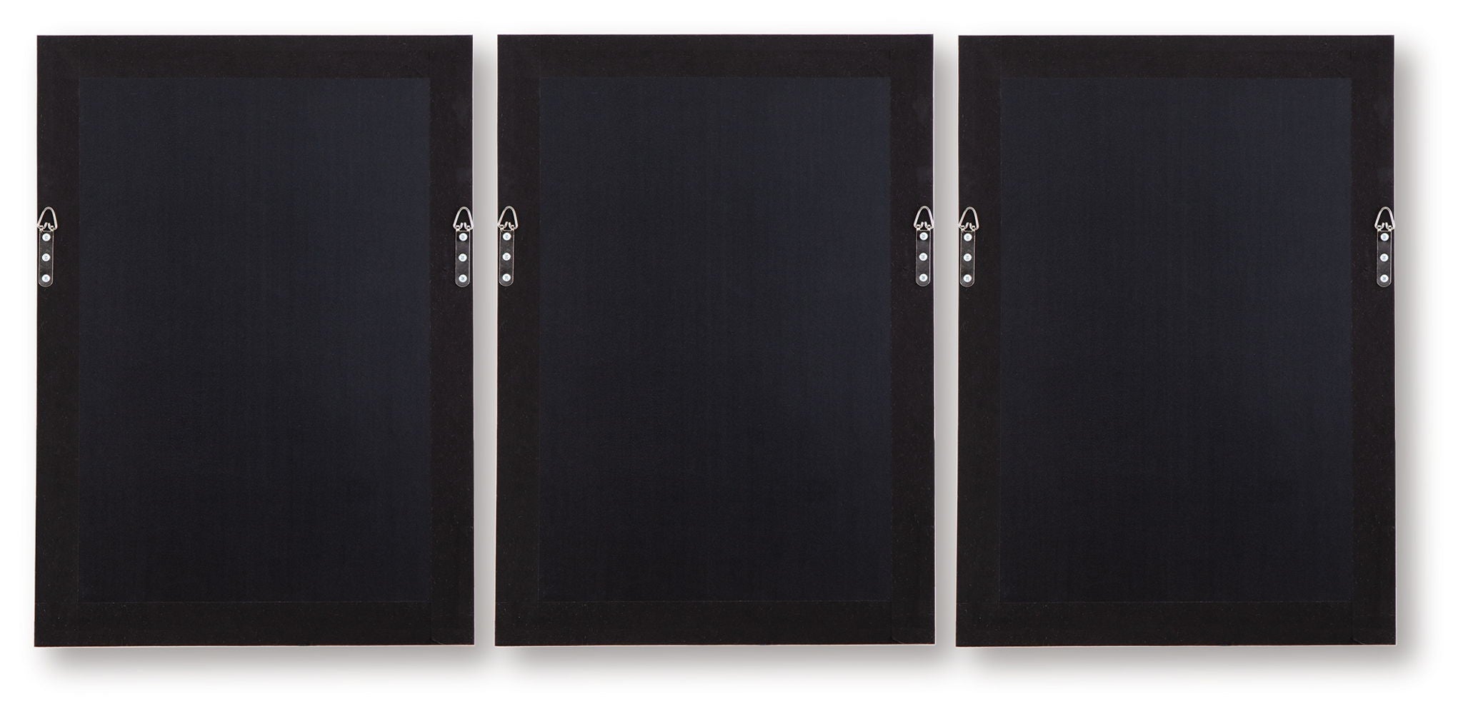 Set of 3 wall art frames with dark backing and hanging loops on the side