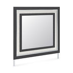 Bedroom mirror with dark frame and square reflective glass panel.