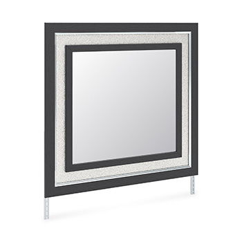 Bedroom mirror with dark frame and square reflective glass panel.
