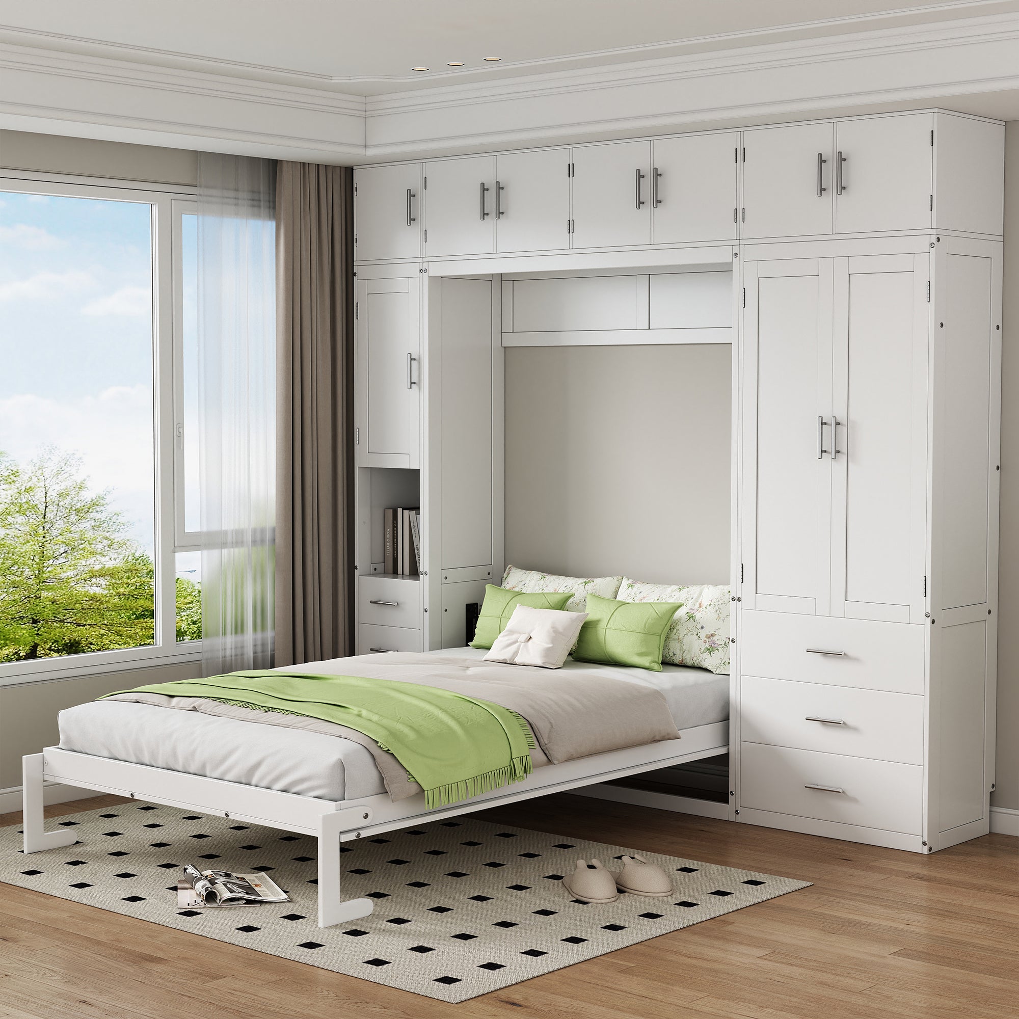 White Full Size Murphy Bed w/ Lockers & Wardrobes + Install Video