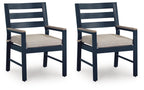 Blue armchairs, set of 2, with gray seat cushions and slatted backs