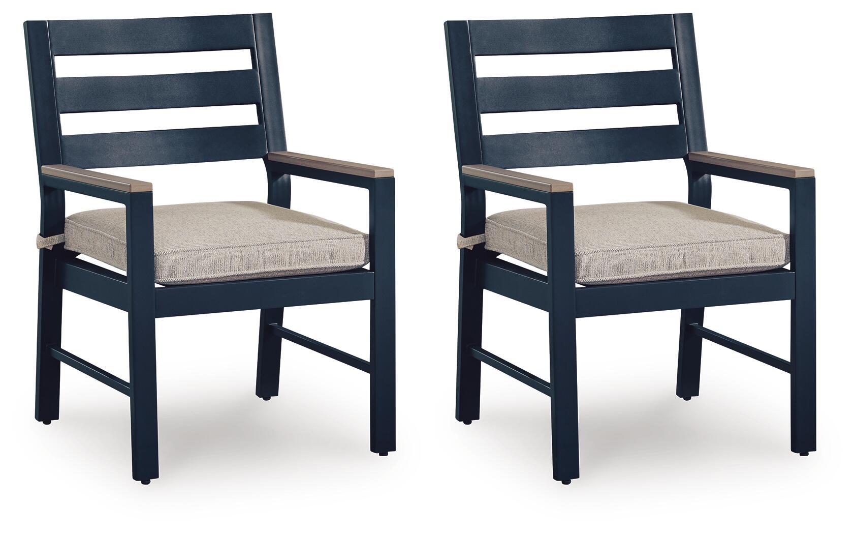 Blue armchairs, set of 2, with gray seat cushions and slatted backs