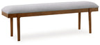 Large upholstered dining bench with gray seat and brown wooden legs
