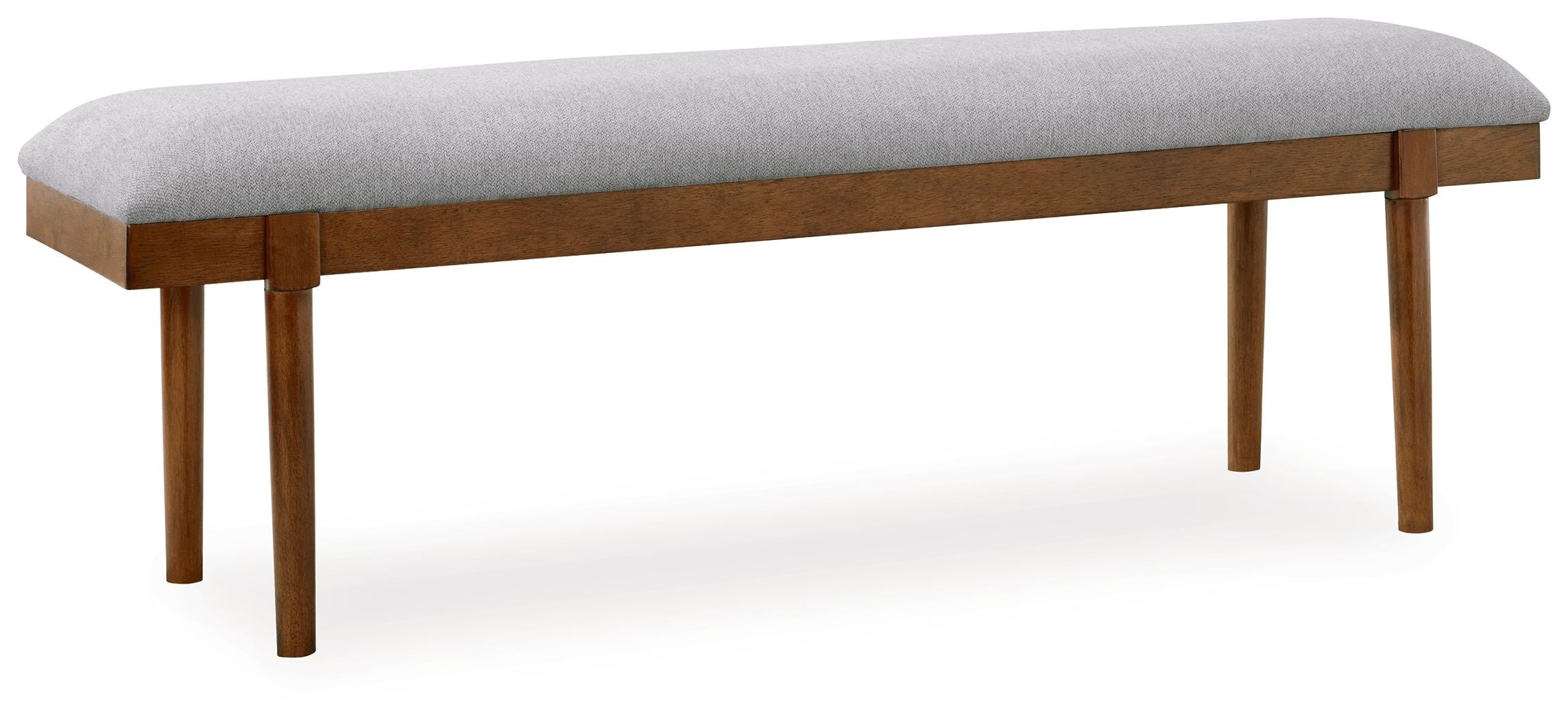 Large upholstered dining bench with gray seat and brown wooden legs