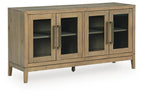 Light brown dining room server cabinet with four glass panels and metal handles