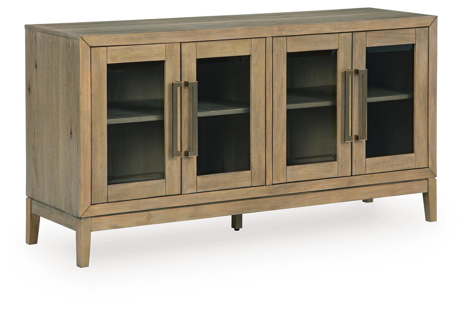 Light brown dining room server cabinet with four glass panels and metal handles