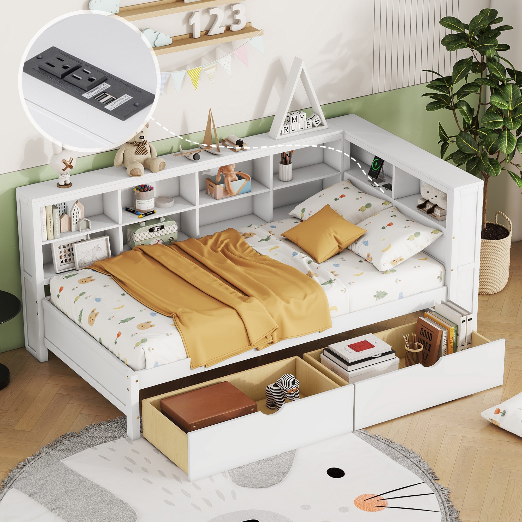 Wooden Twin Daybed White: 2 Drawers, Storage Shelf, USB Charging Ports