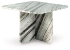 Accent cocktail table with veined white marble-look top and angled pedestal base
