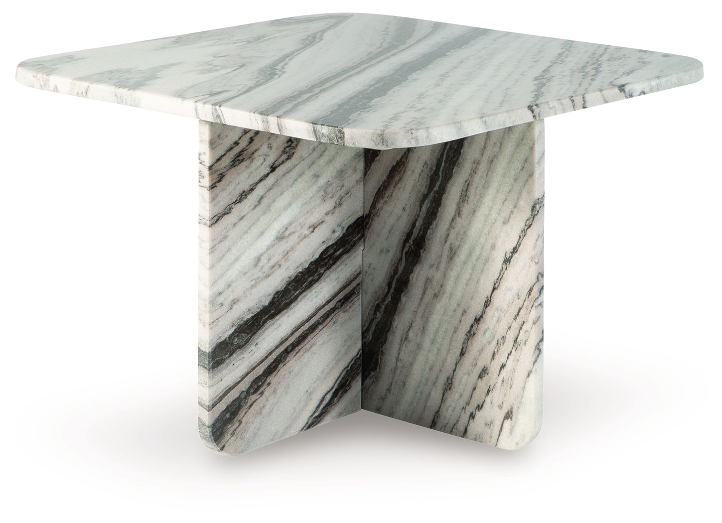 Accent cocktail table with veined white marble-look top and angled pedestal base