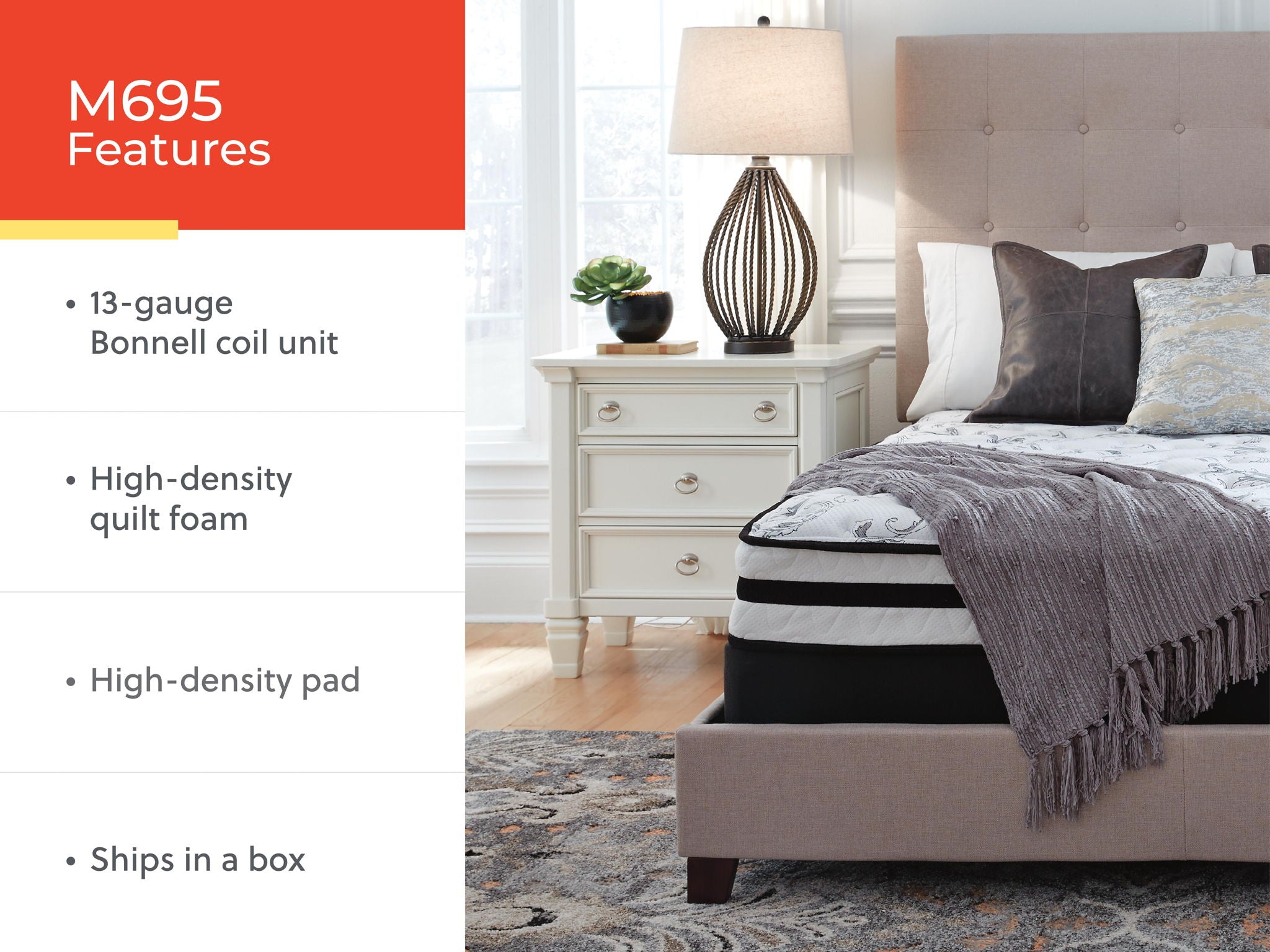 Firm innerspring mattress in bedroom with quilted white top and dark base