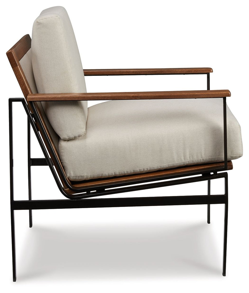 Tilden accent chair with ivory cushion, brown arms, and black metal base