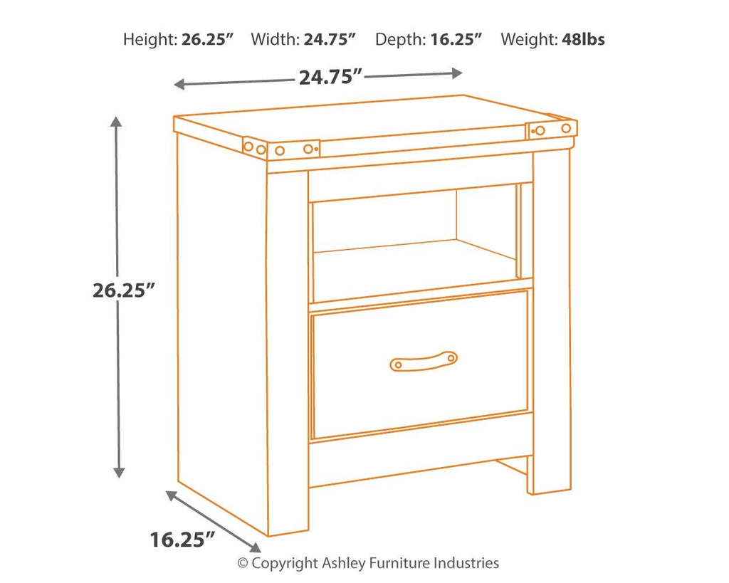 Night stand dimensions diagram, height 26.25 in, width 24.75 in