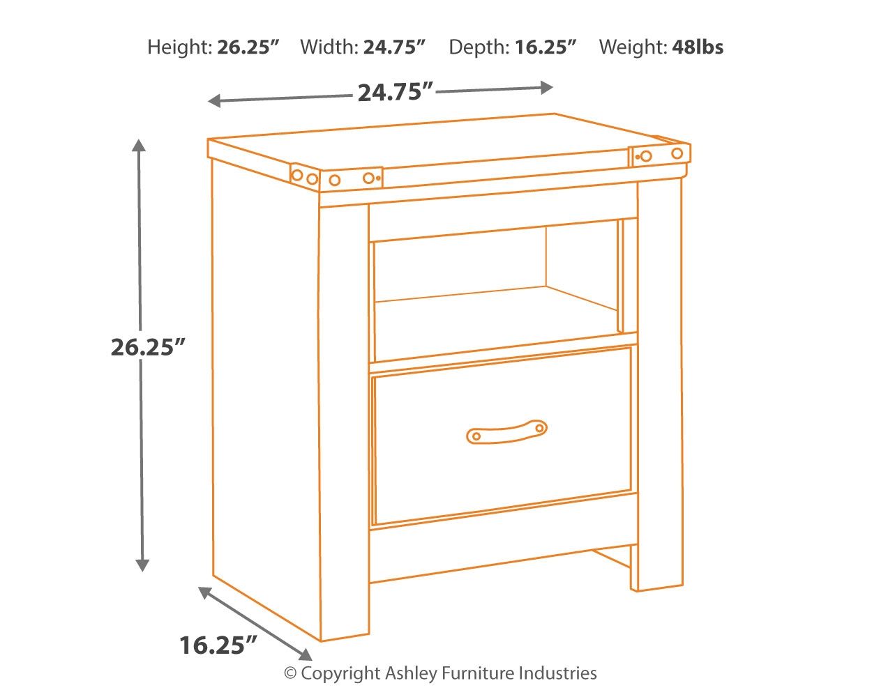 Night stand dimensions diagram, height 26.25 in, width 24.75 in
