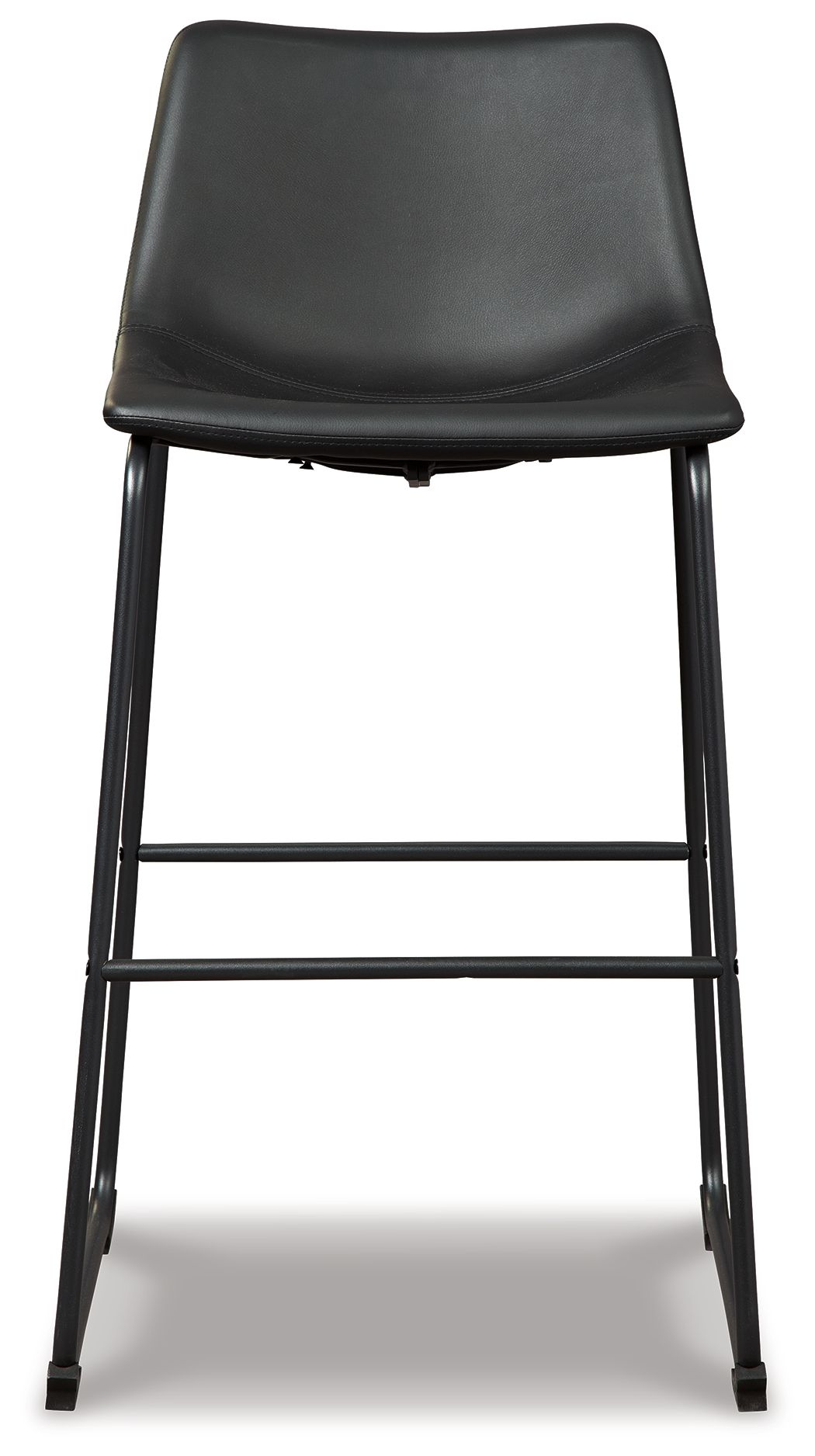 Upholstered bar stool with black seat and back, black metal base and footrest
