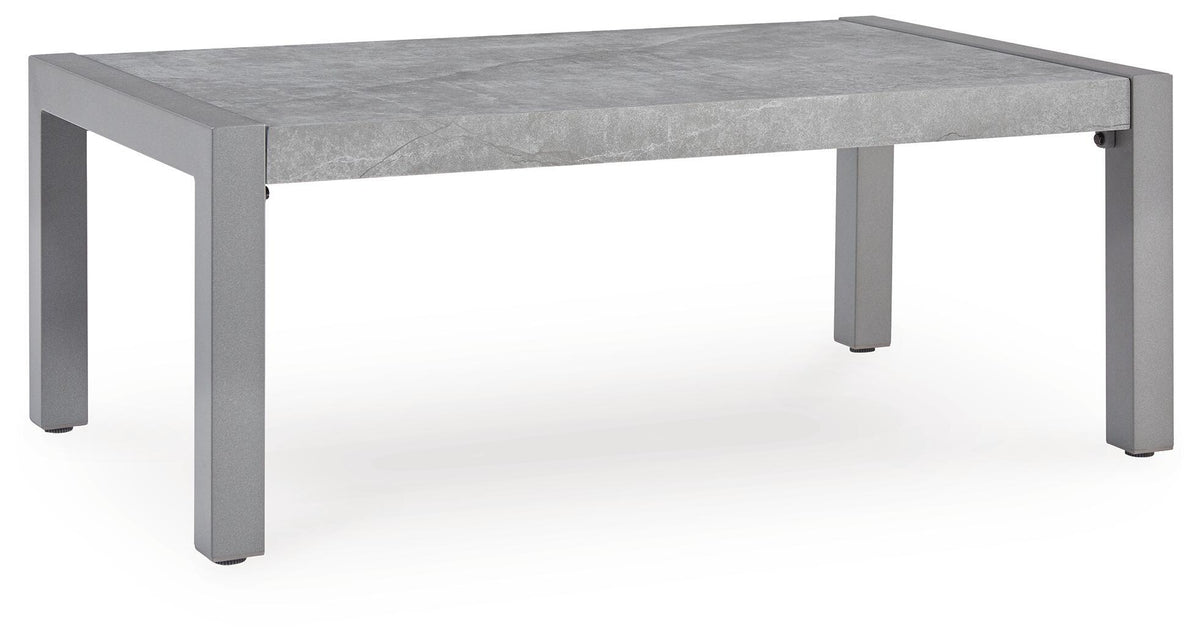 Gray outdoor coffee table with wide tabletop and cornered view
