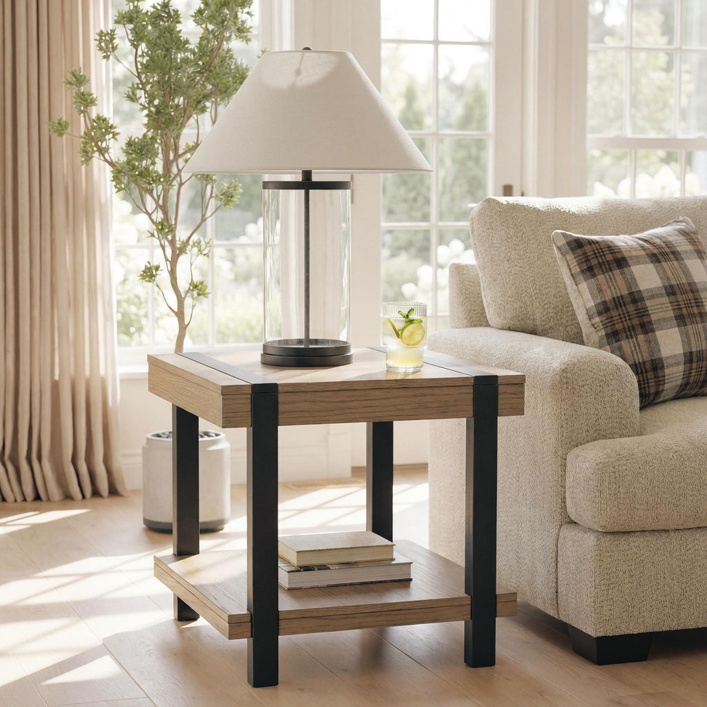 Light brown end table with black legs and two shelves, front view