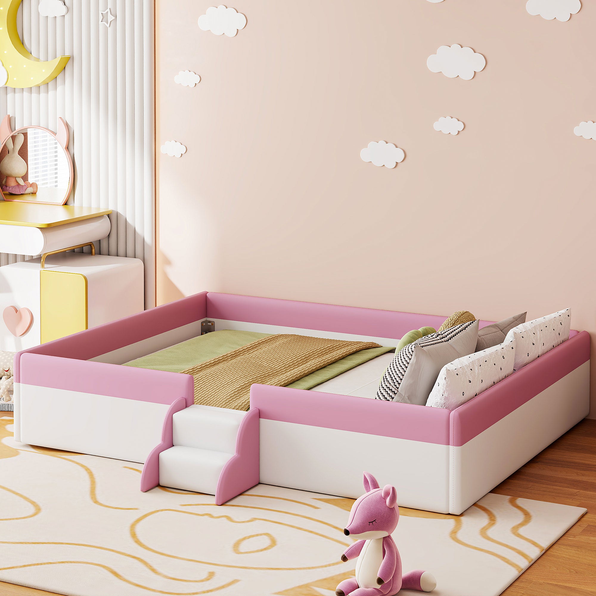 King Size Upholstered Daybed Frame with Fence & Stairs - Pink & White