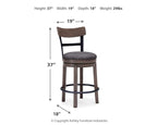 Swivel barstool height 37" with gray upholstered seat, nailhead trim, dark wood legs