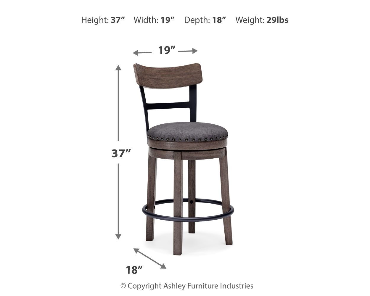 Swivel barstool height 37" with gray upholstered seat, nailhead trim, dark wood legs