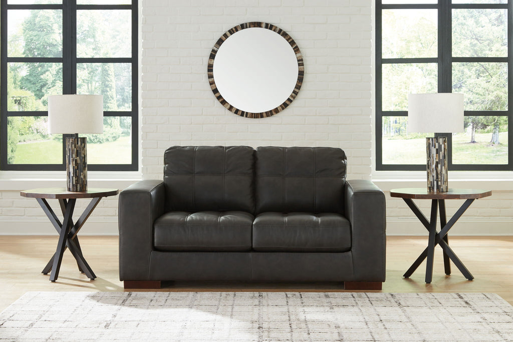 Dark brown loveseat with two-seat sofa back and rounded padded armrests