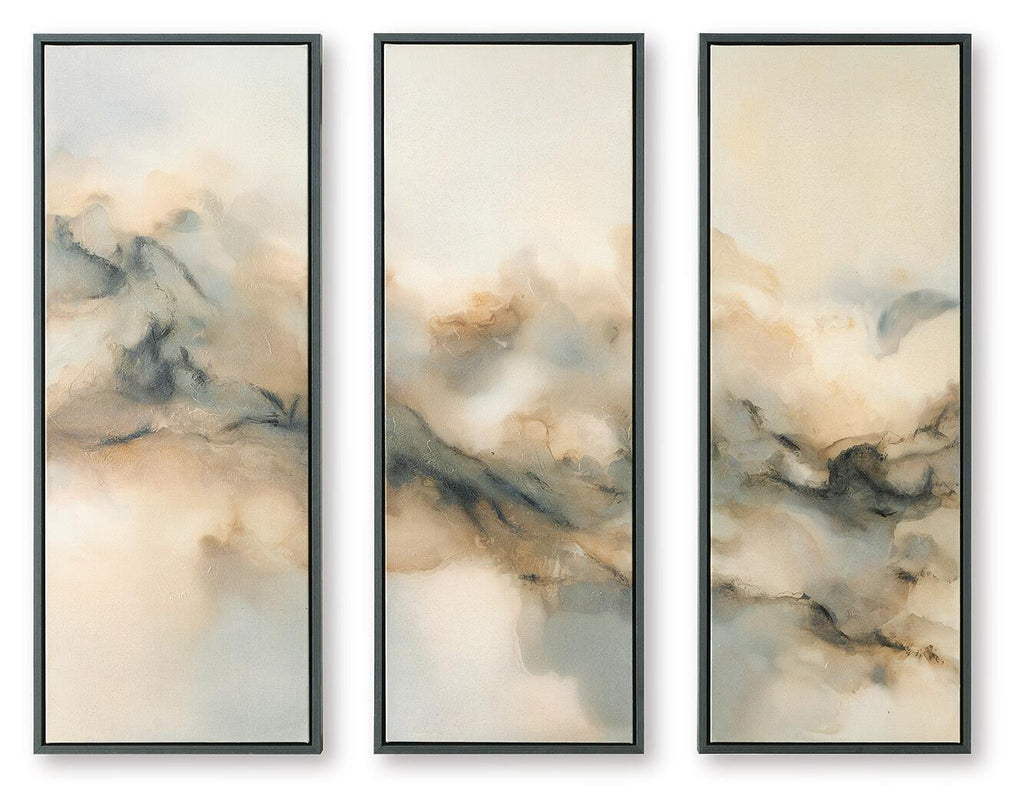 Set of 3 framed abstract cloud prints with dark frames, muted beige, gray, brown