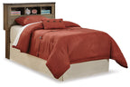 Youth bookcase headboard with dark brown shelving, red bedding set