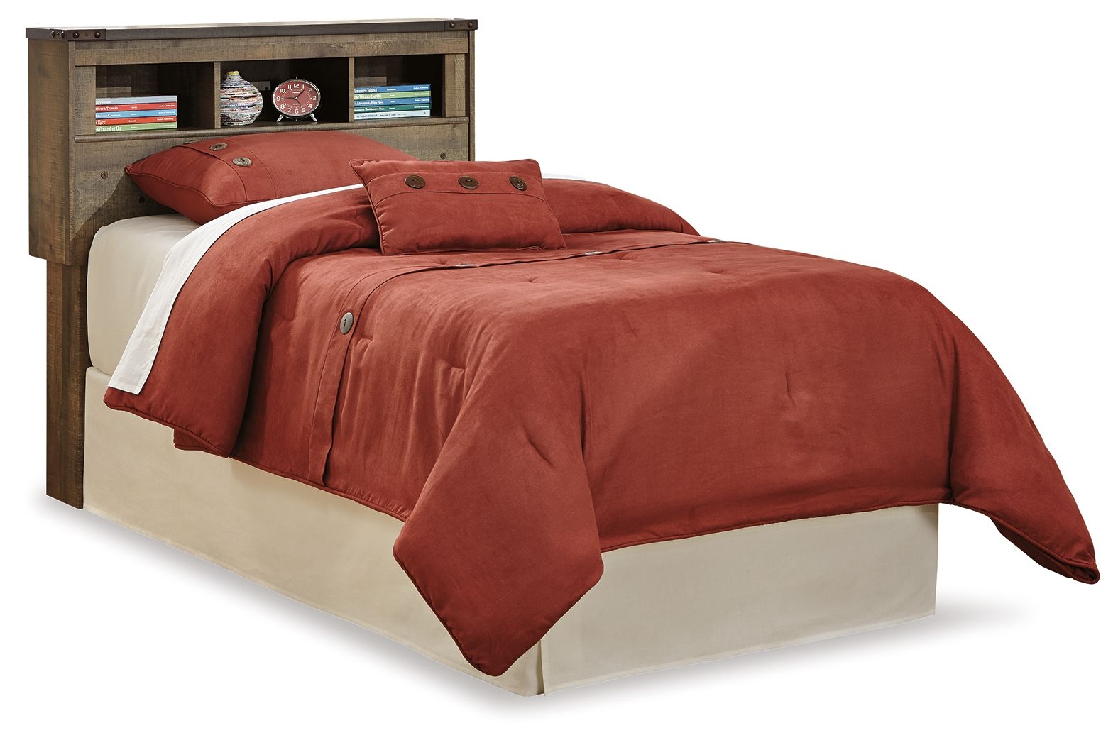 Youth bookcase headboard with dark brown shelving, red bedding set