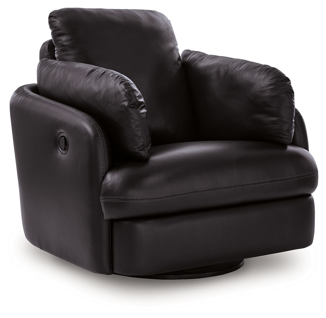 Black swivel glider recliner chair with padded arms and tufted backrest