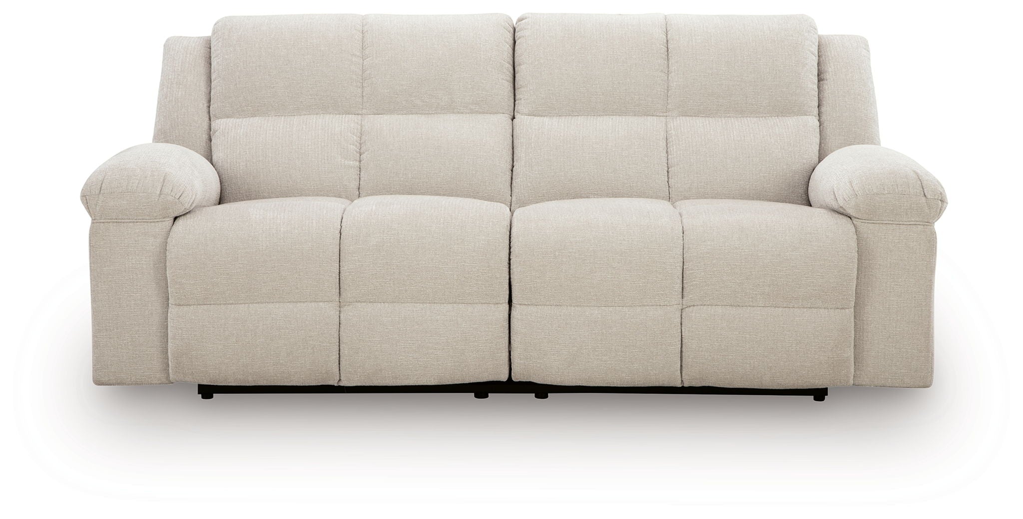 Light beige 2-seat reclining sofa with button-tufted seat cushions and rounded arms
