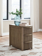 Dark brown chair side end table with ribbed cabinet doors and lower shelf