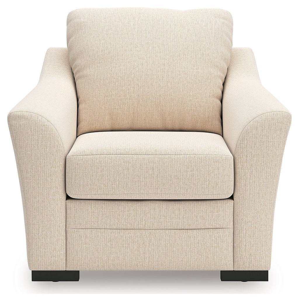 Beige upholstered recliner chair with padded back, seat, and low black base feet