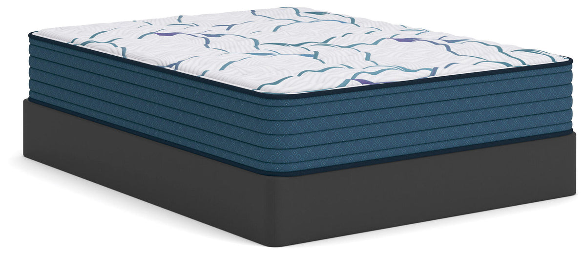 Firm 3.0 mattress with white patterned cover and dark blue base side panels