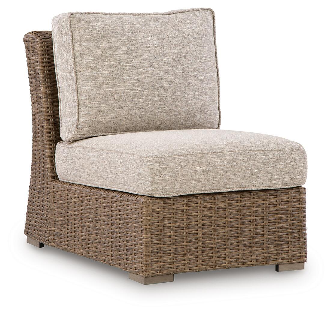 Beige armless wicker chair with cushion, square back and padded seat