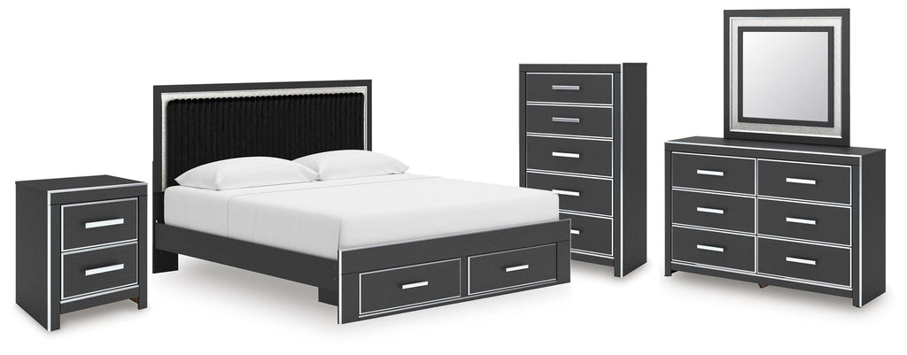 Black storage bedroom set with bed frame, dresser mirror, and matching nightstand