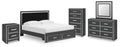 Black storage bedroom set with bed frame, dresser mirror, and matching nightstand