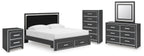 Black storage bedroom set with bed frame, dresser mirror, and matching nightstand