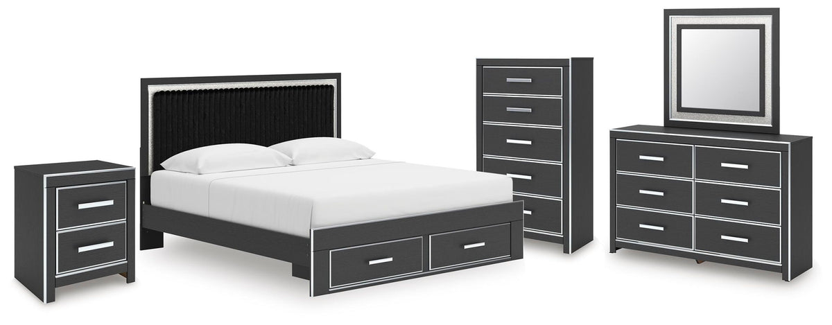 Black storage bedroom set with bed frame, dresser mirror, and matching nightstand