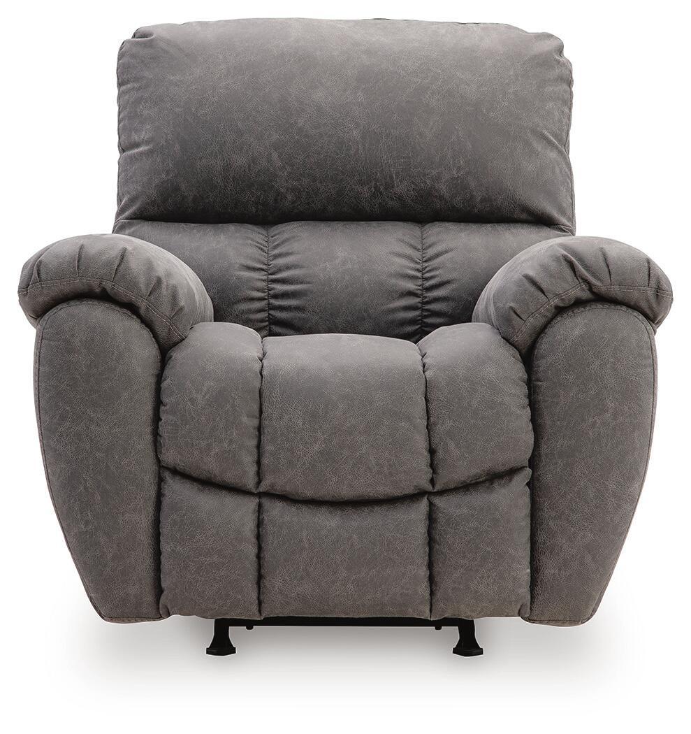 Gray power rocker recliner front view with padded arms, quilted seat, adjustable headrest
