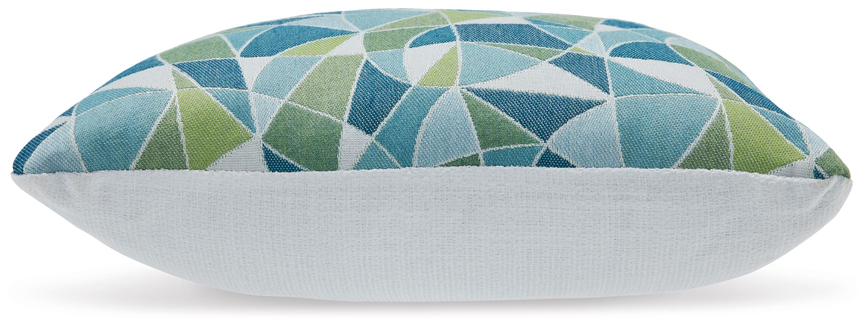 Pillow with blue and green geometric top and light gray sides