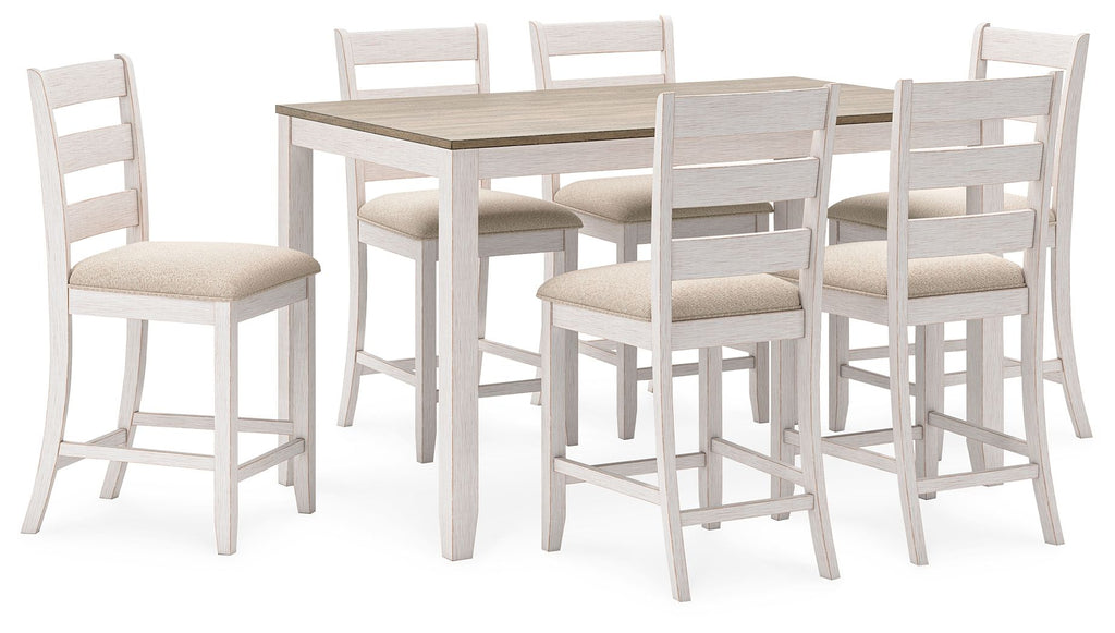 White counter-height dining table with light brown top and six matching bar stools