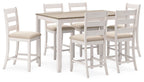 White counter-height dining table with light brown top and six matching bar stools
