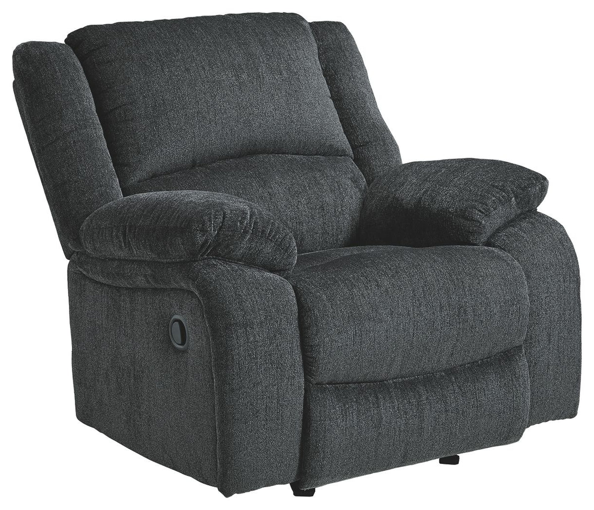 Slate fabric rocker recliner chair with padded armrests and recline footrest
