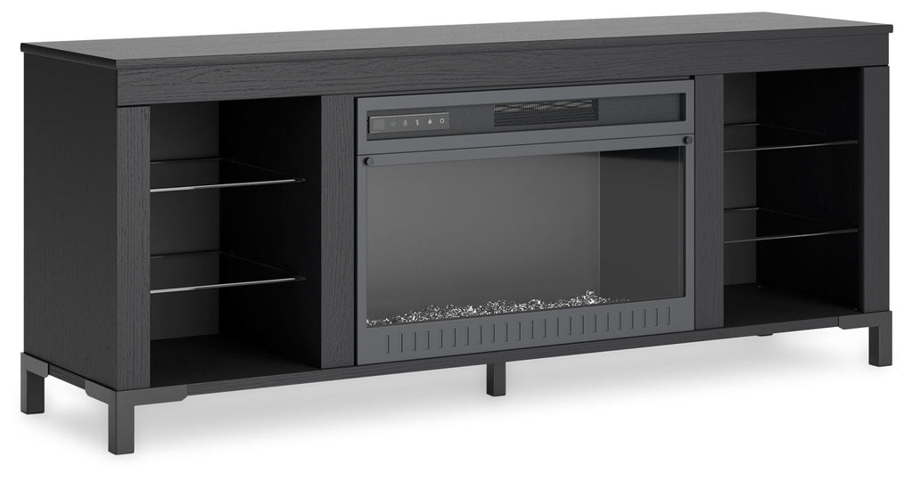 Black TV stand with built-in electric fireplace, two open shelves and side cabinets