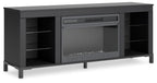 Black TV stand with built-in electric fireplace, two open shelves and side cabinets