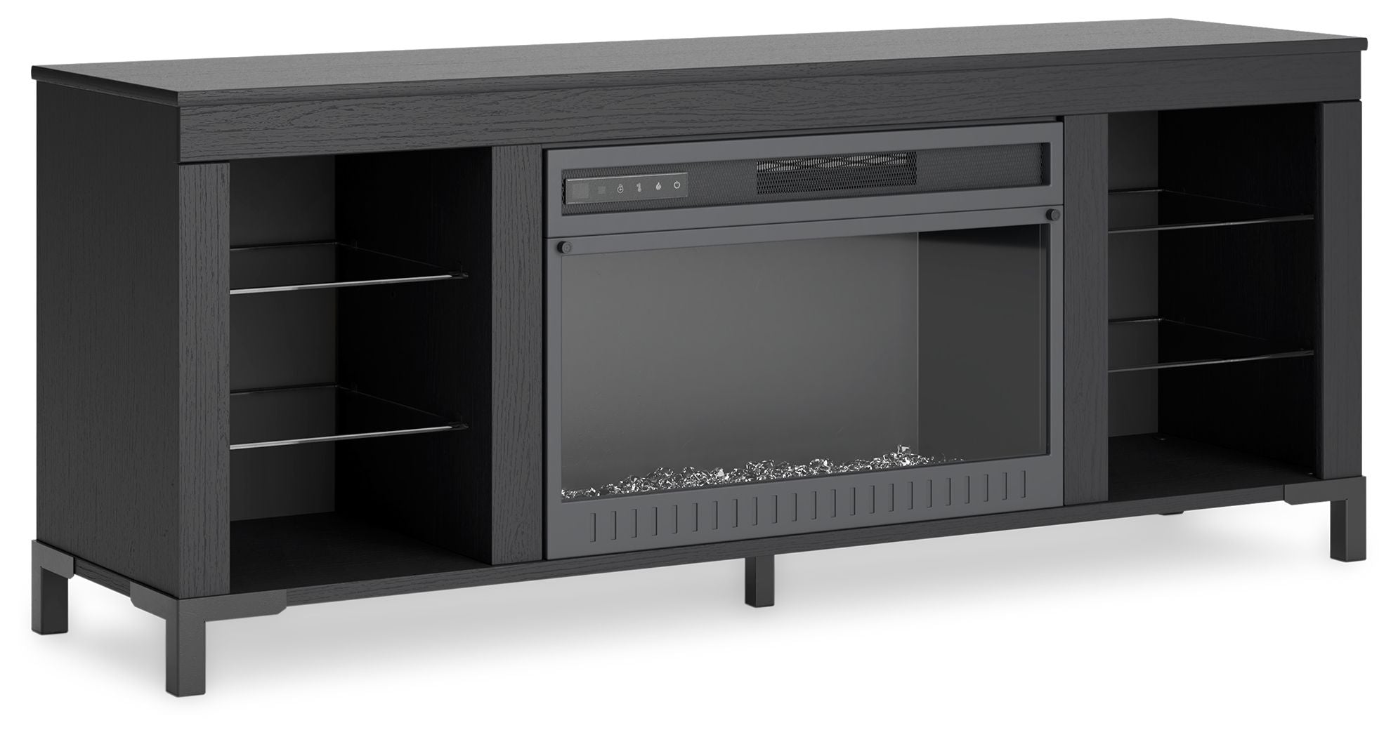 Black TV stand with built-in electric fireplace, two open shelves and side cabinets