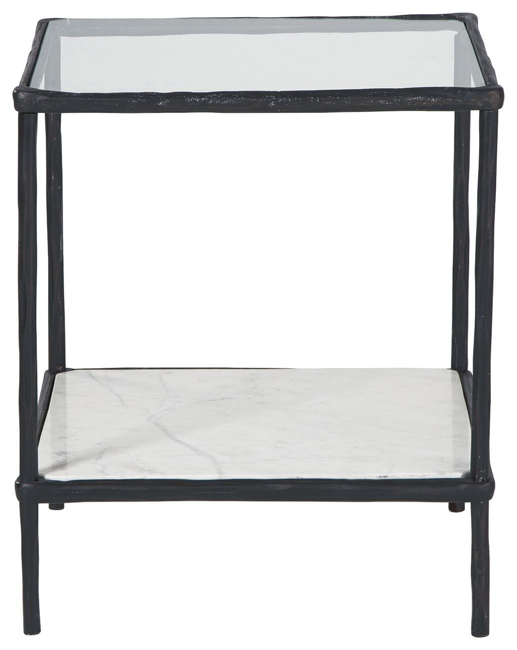 Accent table with black frame and white top with open lower shelf