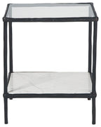 Accent table with black frame and white top with open lower shelf