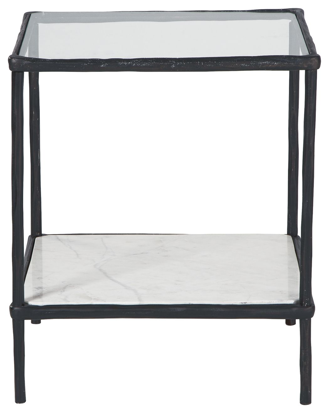 Accent table with black frame and white top with open lower shelf
