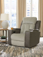 Fabric power recliner with adjustable headrest, beige seat and back, gray armrests.